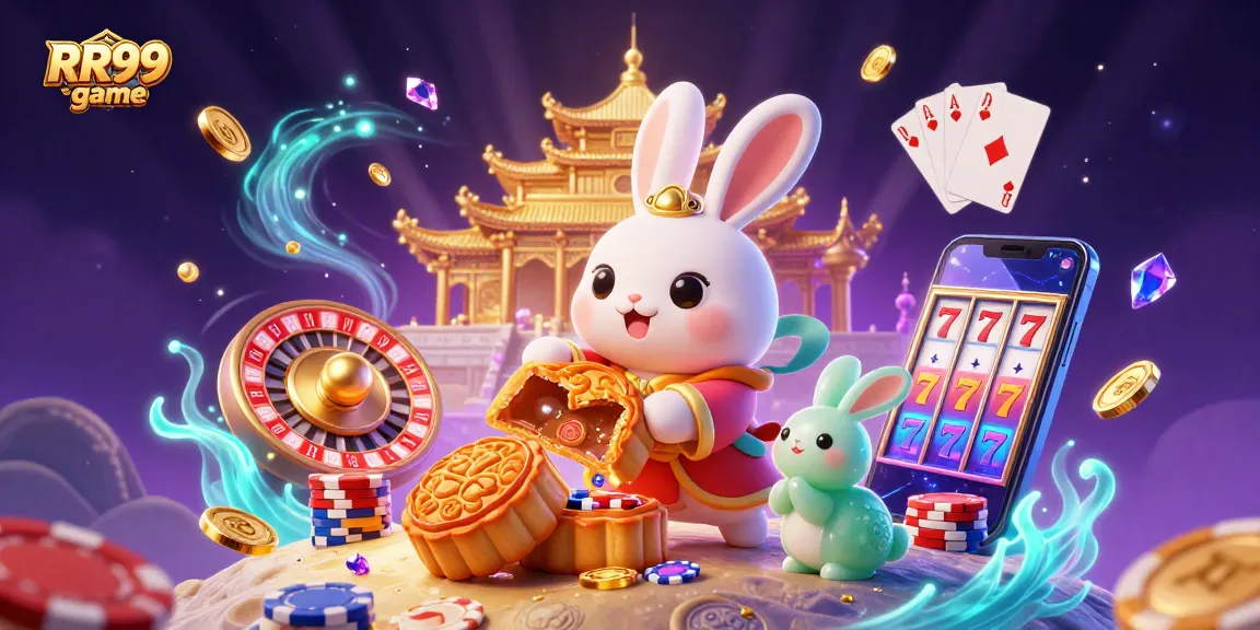 Experience the thrill of RR99 game with vibrant poker chips and golden mooncakes in this dynamic casino scene.
