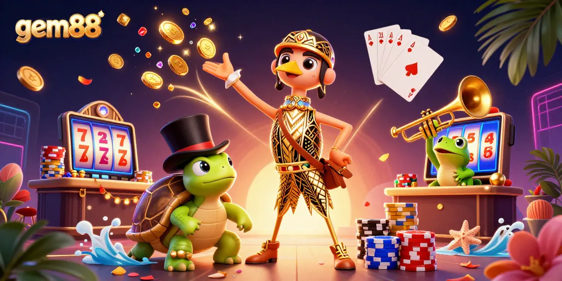 Experience thrilling moments at gem88, where a turtle, frog, and crane bring top-notch gaming to life!
