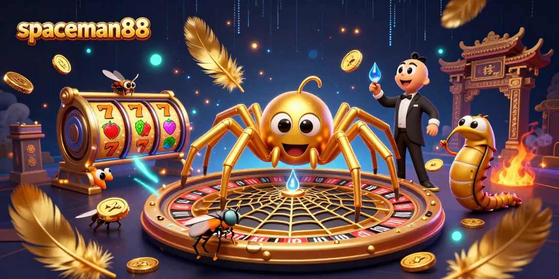Experience the thrill of slot games with spaceman88, featuring a golden spider and centipede croupier in a dynamic casino scene.