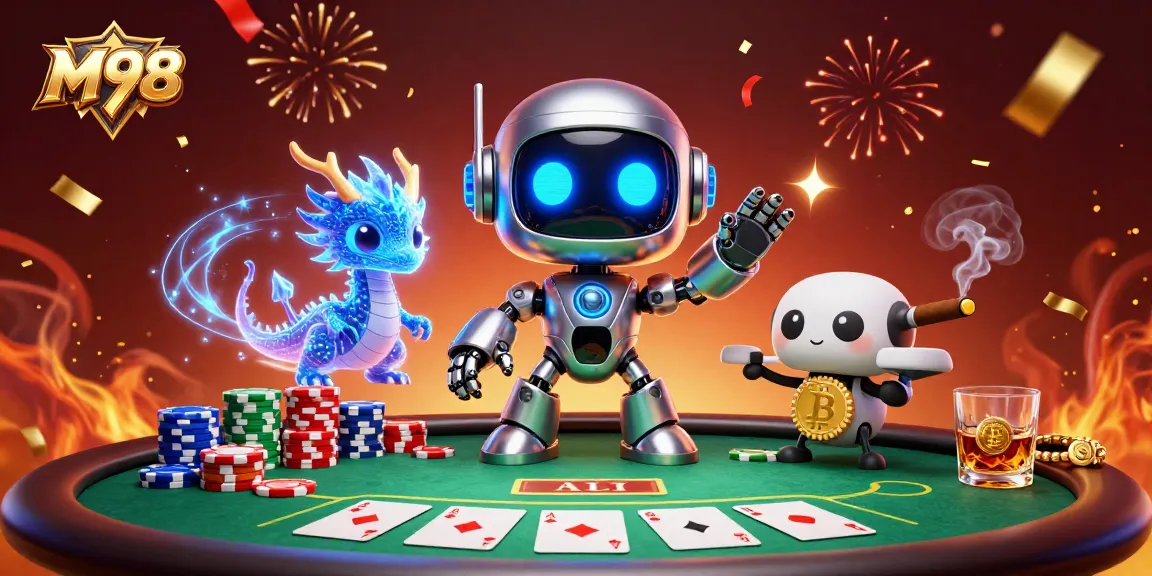 M98 gaming scene with a cyberpunk robot, AI dragon, and bitcoin drone at an energetic poker table