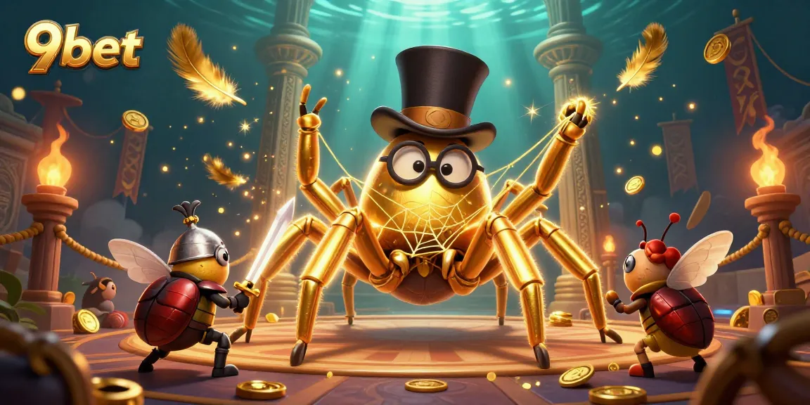 Experience the vibrant action of 9bet where a golden tarantula and brave beetle knight compete in an epic casino scene.