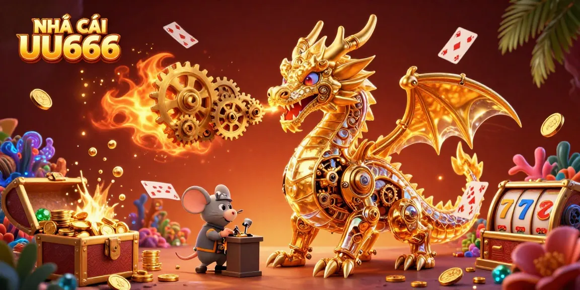 Experience excitement at NHÀ CÁI UU666 with a dynamic 3D scene featuring a golden dragon and casino elements.