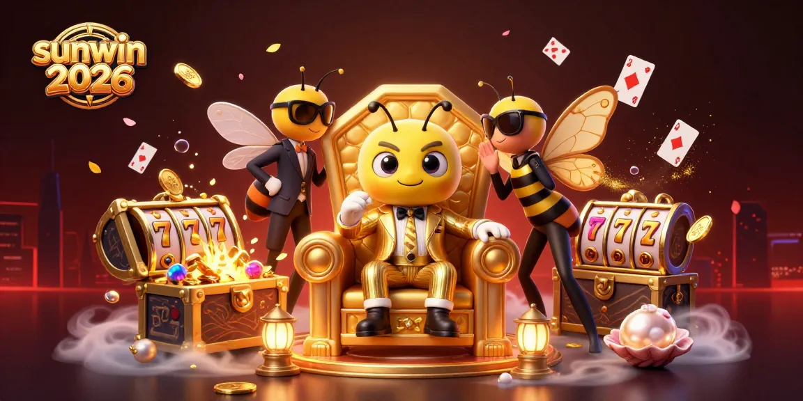 Experience sunwin 2026 with a lively cartoon mob boss overseeing jackpot slots and gold treasures.