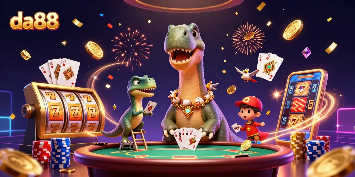 Experience the thrill of winning at da88 with vibrant casino action featuring a massive dinosaur and slot reels.