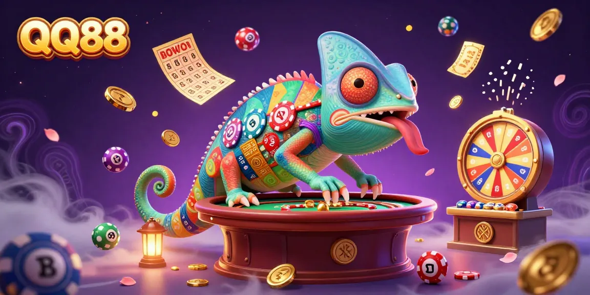 Spin and win with QQ88's vibrant casino scene featuring a colorful chameleon capturing golden coins.