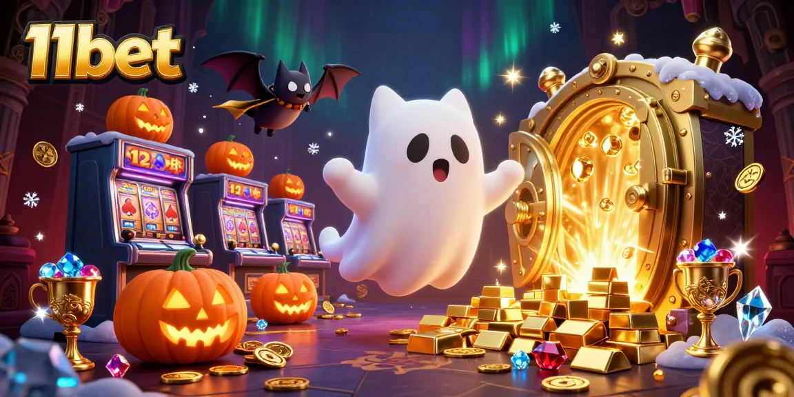Engage with the thrilling world of 11bet as a ghost cat navigates a spooky casino with treasures.