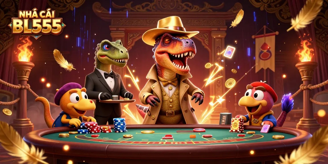 Experience thrilling gameplay with NHÀ CÁI BL555 at a dynamic blackjack table featuring a velociraptor card counter and exciting casino elements.